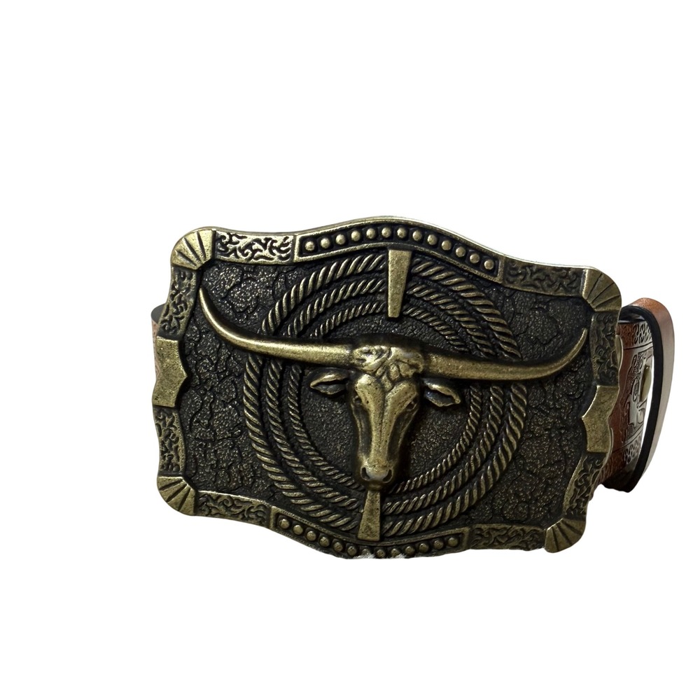 Kids Western Longhorn Bull Trophy Buckle Brown Embossed Floral Belt Cowgirl Boho
